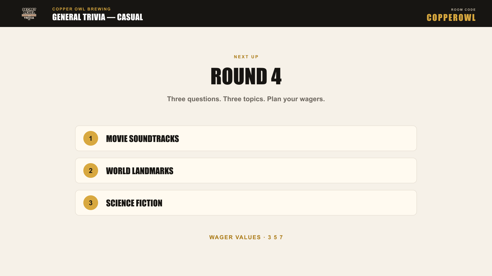 Round topic preview screen introducing the upcoming trivia categories