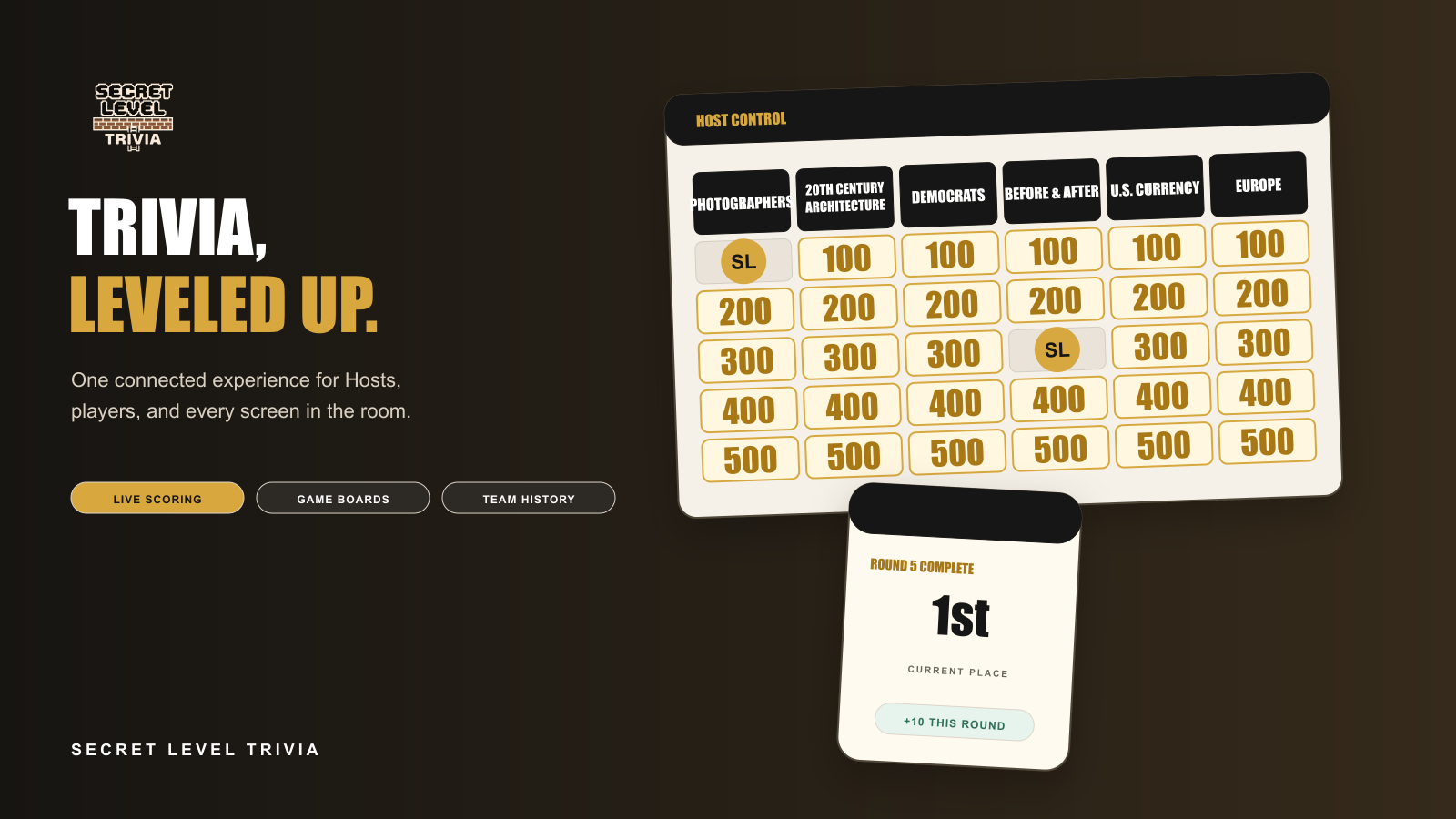 Secret Level Trivia host game board and player standings shown together across desktop and mobile screens