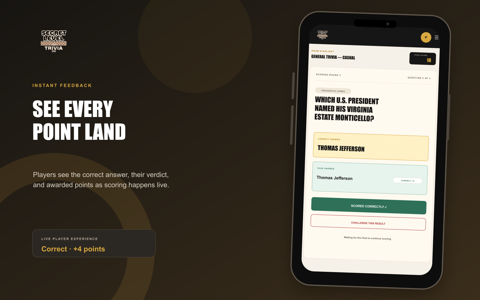 Player phone showing live answer scoring, the correct answer, and points awarded