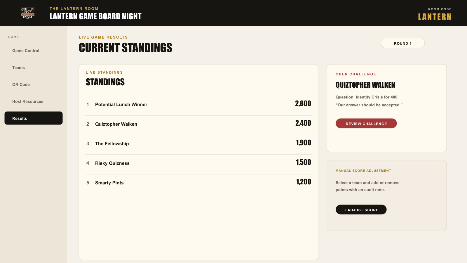Host Hub live standings and scoring challenge view