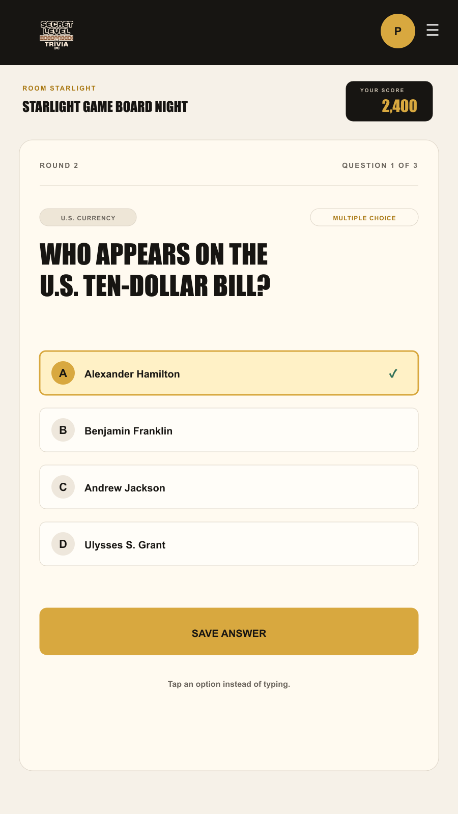 Player Hub mobile multiple-choice answer controls