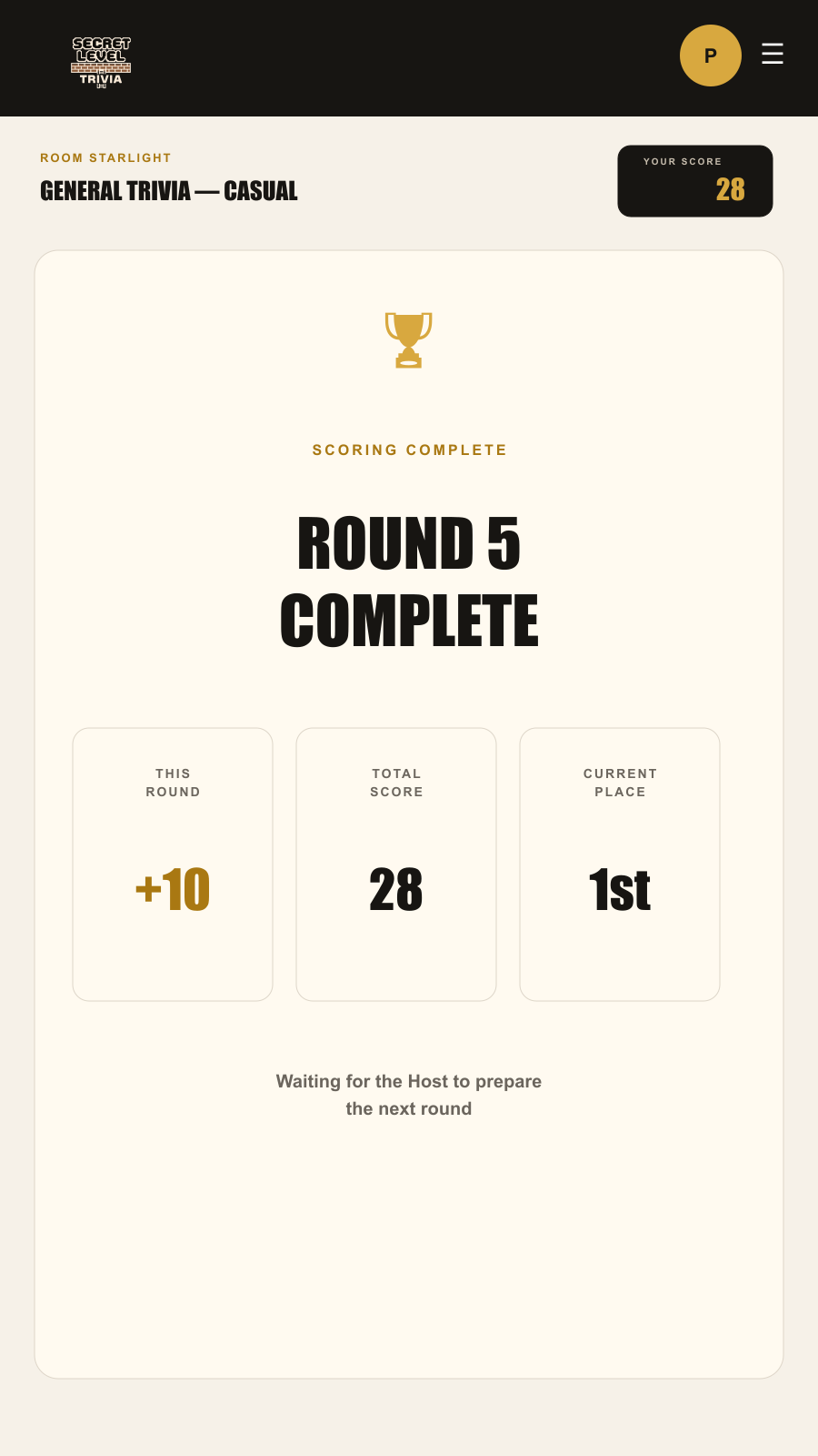 Player Hub mobile round-complete view with current place and score
