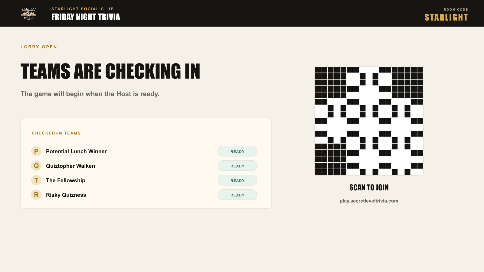 Game lobby screen with QR code for player check-in