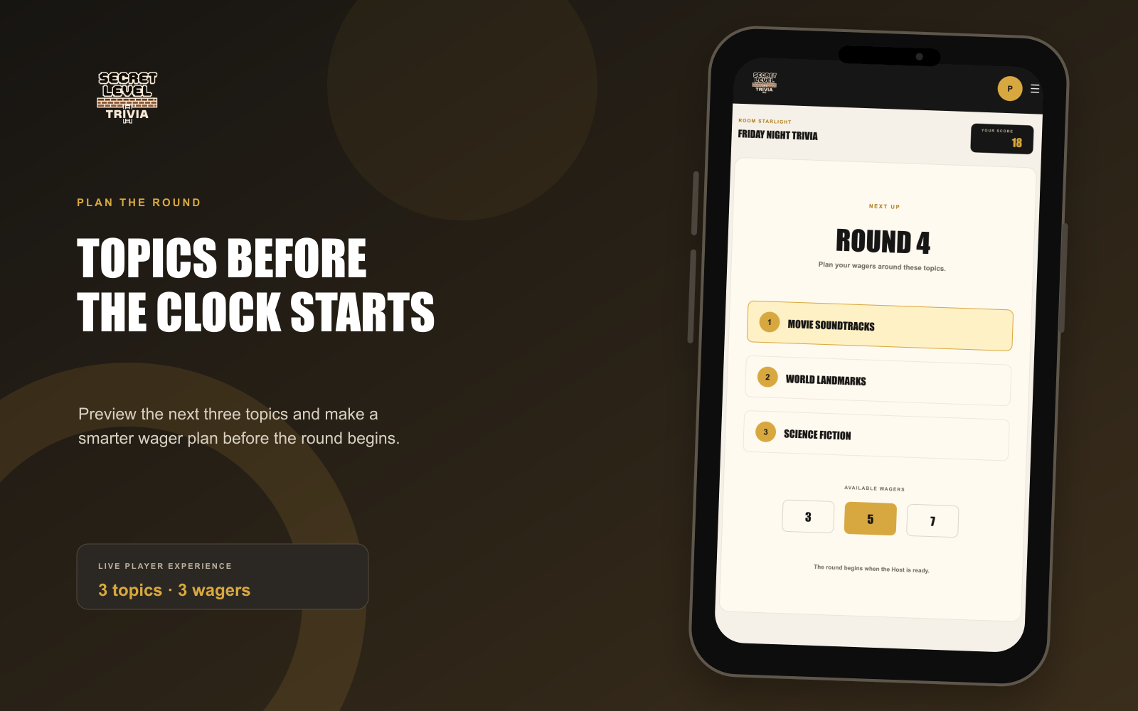 Player phone previewing the next three round topics and available wagers
